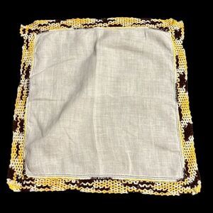 Vintage Handkerchief White Crochet Yellow Brown Edge Cotton Simple Hankie